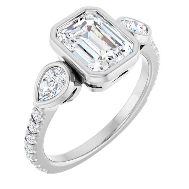 14k White Gold 1 3/4 CTW Bezel-Set Emerald-Cut Diamond Ring with Pear Accents and Pave Band