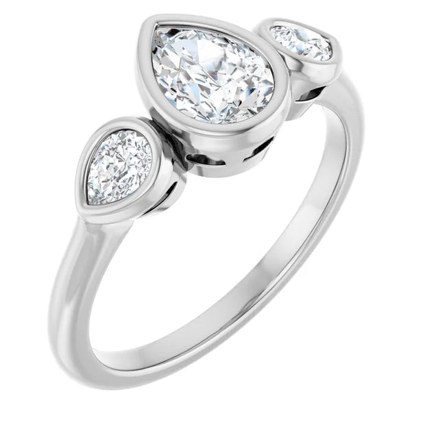 14k White Gold 1 3/4 CTW Pear-Shaped Diamond Three-Stone Ring with Bezel Settings
