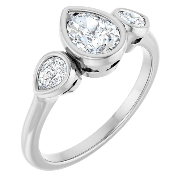14k White Gold 1 3/4 CTW Pear-Shaped Diamond Three-Stone Ring with Bezel Settings