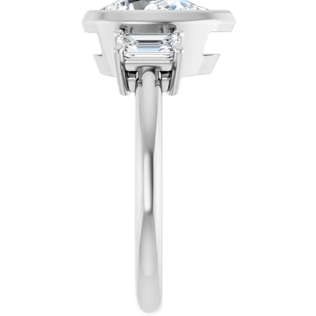 14k White Gold 1 5/8 CTW Pear and Emerald-Cut Diamond Three-Stone Ring with Bezel Setting