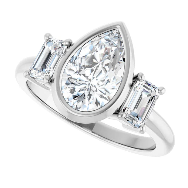 14k White Gold 1 5/8 CTW Pear and Emerald-Cut Diamond Three-Stone Ring with Bezel Setting