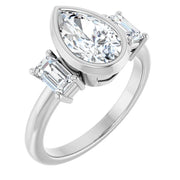 14k White Gold 1 5/8 CTW Pear and Emerald-Cut Diamond Three-Stone Ring with Bezel Setting