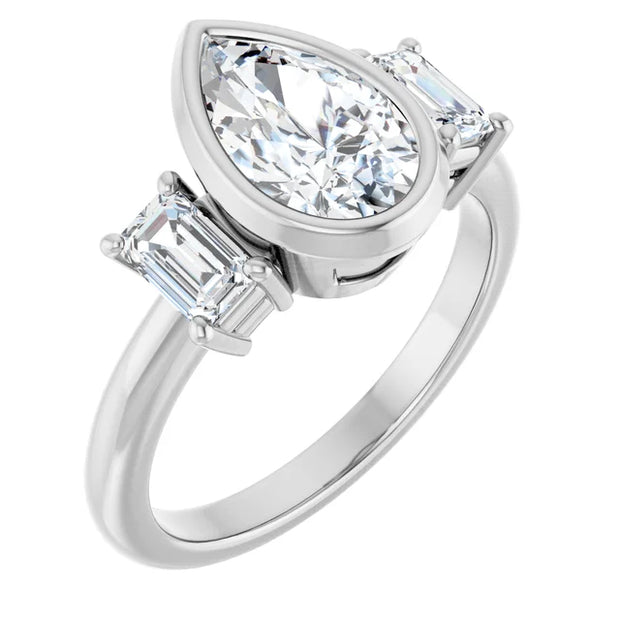 14k White Gold 1 5/8 CTW Pear and Emerald-Cut Diamond Three-Stone Ring with Bezel Setting