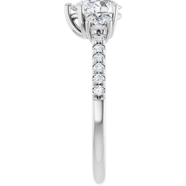 14k White Gold 1 CTW Pear-Shaped Diamond Three-Stone Ring with Pavé Band