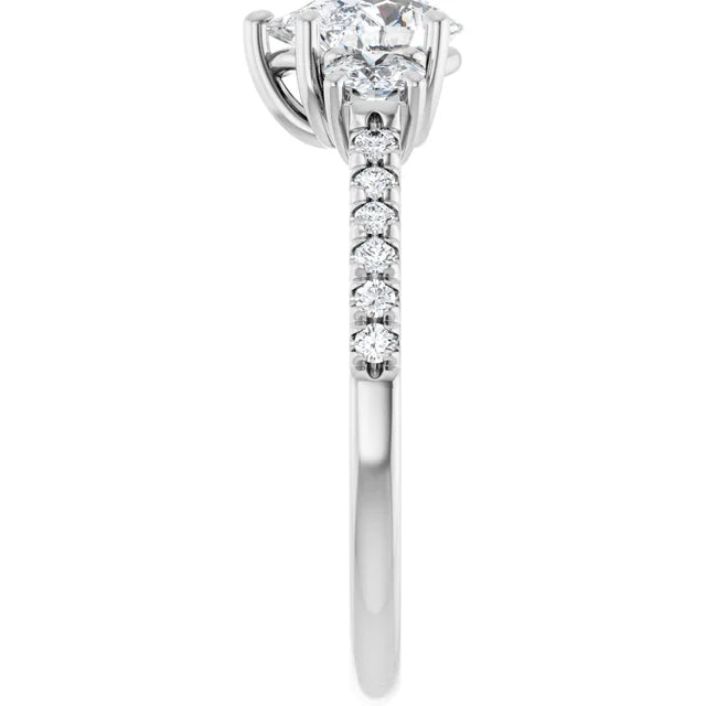 14k White Gold 1 CTW Pear-Shaped Diamond Three-Stone Ring with Pavé Band
