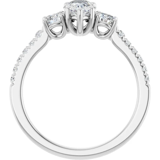 14k White Gold 1 CTW Pear-Shaped Diamond Three-Stone Ring with Pavé Band