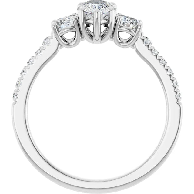 14k White Gold 1 CTW Pear-Shaped Diamond Three-Stone Ring with Pavé Band