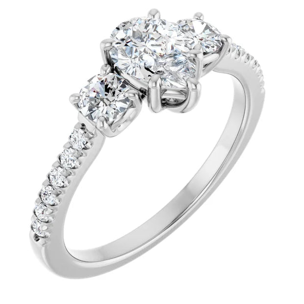 14k White Gold 1 CTW Pear-Shaped Diamond Three-Stone Ring with Pavé Band