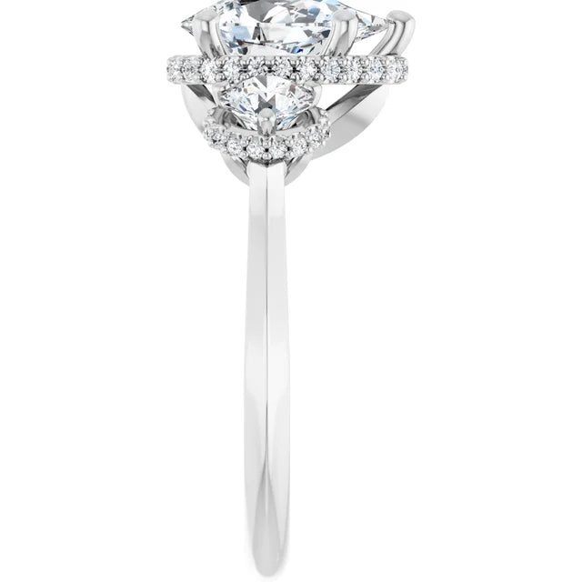 14k White Gold 1 CTW Pear and Round Diamond Three-Stone Halo Ring