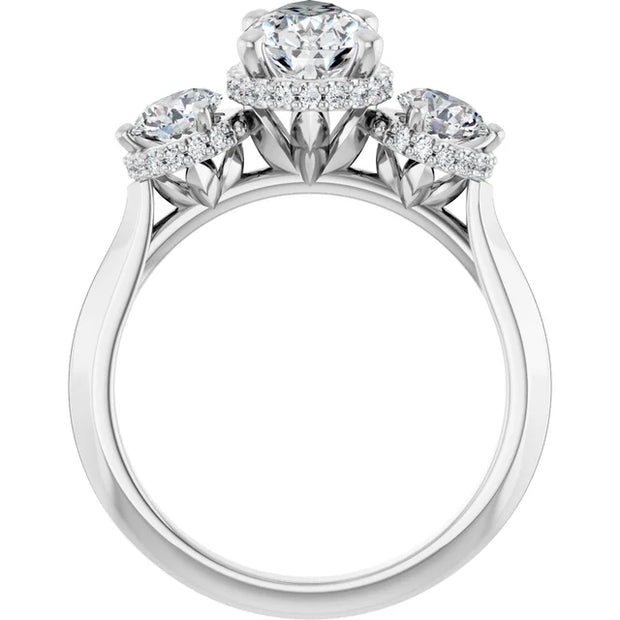 14k White Gold 1 CTW Pear and Round Diamond Three-Stone Halo Ring