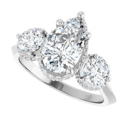 14k White Gold 1 CTW Pear and Round Diamond Three-Stone Halo Ring