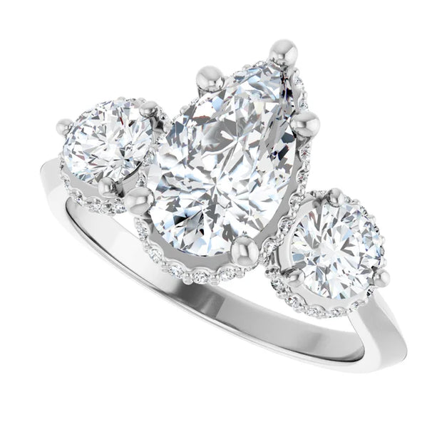 14k White Gold 1 CTW Pear and Round Diamond Three-Stone Halo Ring
