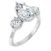 14k White Gold 1 CTW Pear and Round Diamond Three-Stone Halo Ring