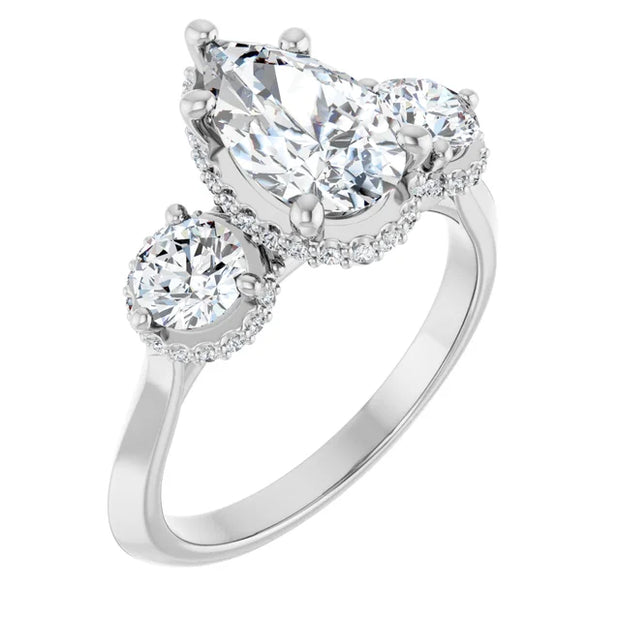 14k White Gold 1 CTW Pear and Round Diamond Three-Stone Halo Ring