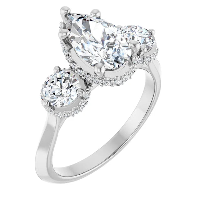 14k White Gold 1 CTW Pear and Round Diamond Three-Stone Halo Ring