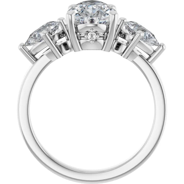 14k White Gold 2 CTW Pear-Shaped Diamond Three-Stone Ring with Bezel Accents