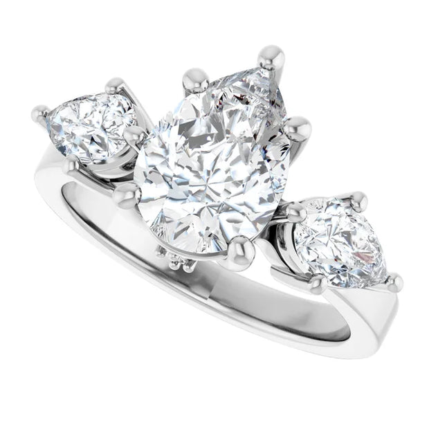 14k White Gold 2 CTW Pear-Shaped Diamond Three-Stone Ring with Bezel Accents