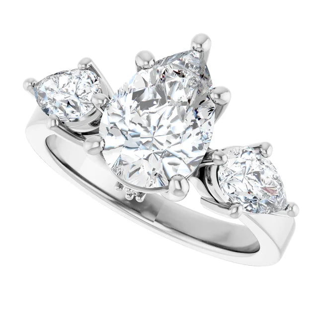 14k White Gold 2 CTW Pear-Shaped Diamond Three-Stone Ring with Bezel Accents