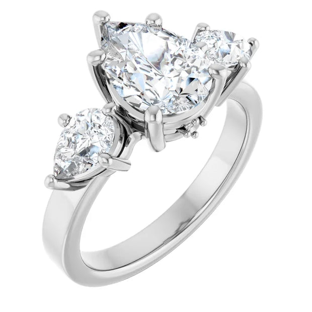 14k White Gold 2 CTW Pear-Shaped Diamond Three-Stone Ring with Bezel Accents