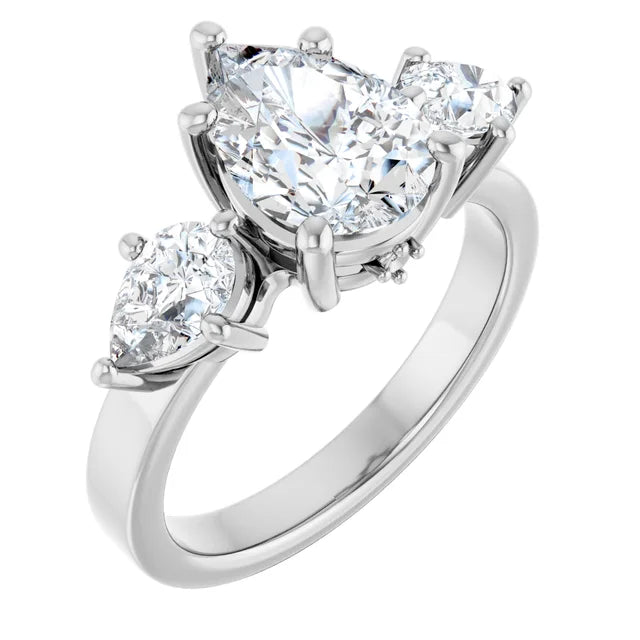 14k White Gold 2 CTW Pear-Shaped Diamond Three-Stone Ring with Bezel Accents