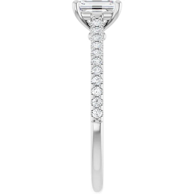 14k White Gold 1/5 CT Emerald-Cut Engagement Ring with Pavé Diamond Band
