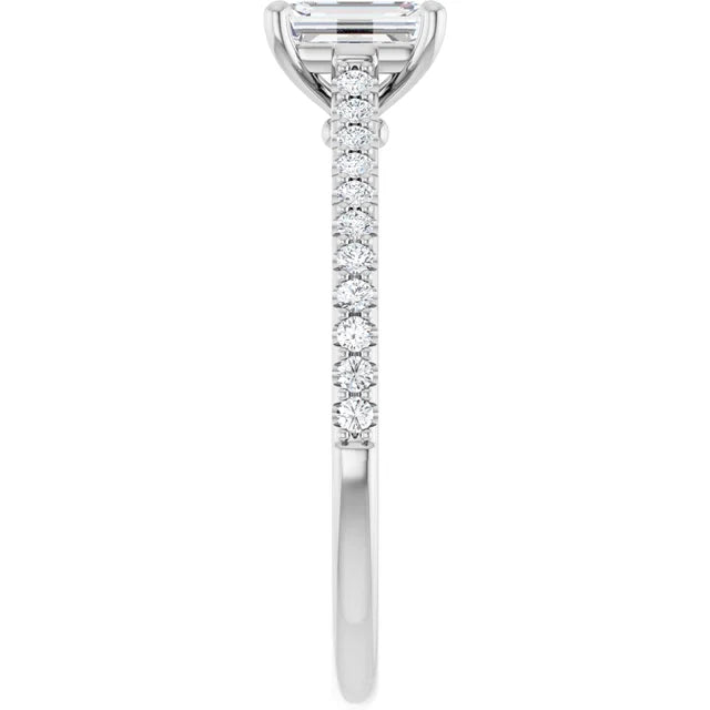 14k White Gold 1/5 CT Emerald-Cut Engagement Ring with Pavé Diamond Band