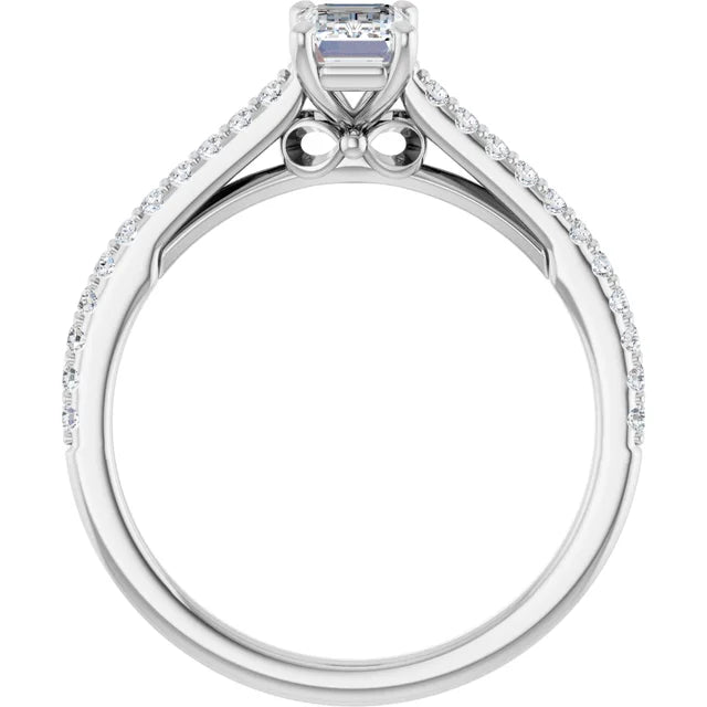 14k White Gold 1/5 CT Emerald-Cut Engagement Ring with Pavé Diamond Band
