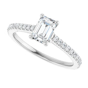 14k White Gold 1/5 CT Emerald-Cut Engagement Ring with Pavé Diamond Band