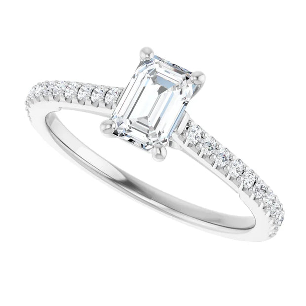14k White Gold 1/5 CT Emerald-Cut Engagement Ring with Pavé Diamond Band