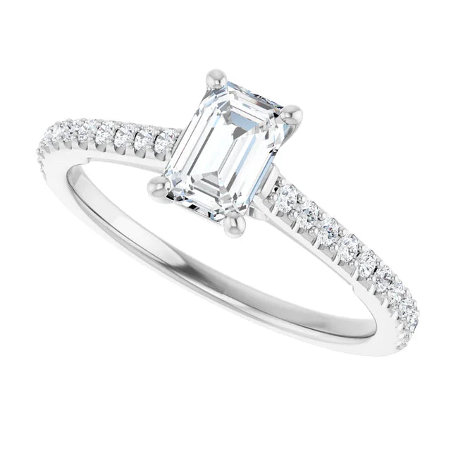 14k White Gold 1/5 CT Emerald-Cut Engagement Ring with Pavé Diamond Band