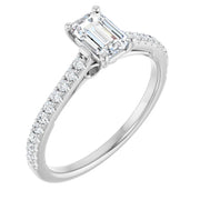 14k White Gold 1/5 CT Emerald-Cut Engagement Ring with Pavé Diamond Band