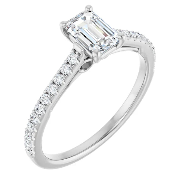 14k White Gold 1/5 CT Emerald-Cut Engagement Ring with Pavé Diamond Band