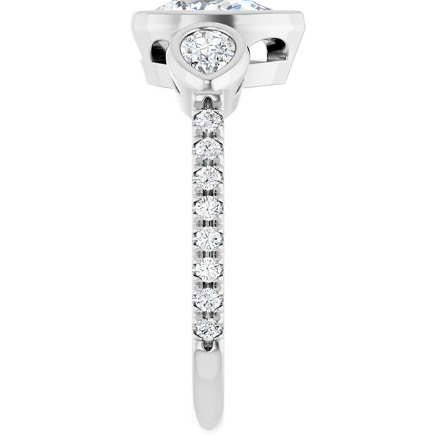 14k White Gold 2 1/8 CTW Pear-Shaped Diamond Three-Stone Ring with Pavé Band