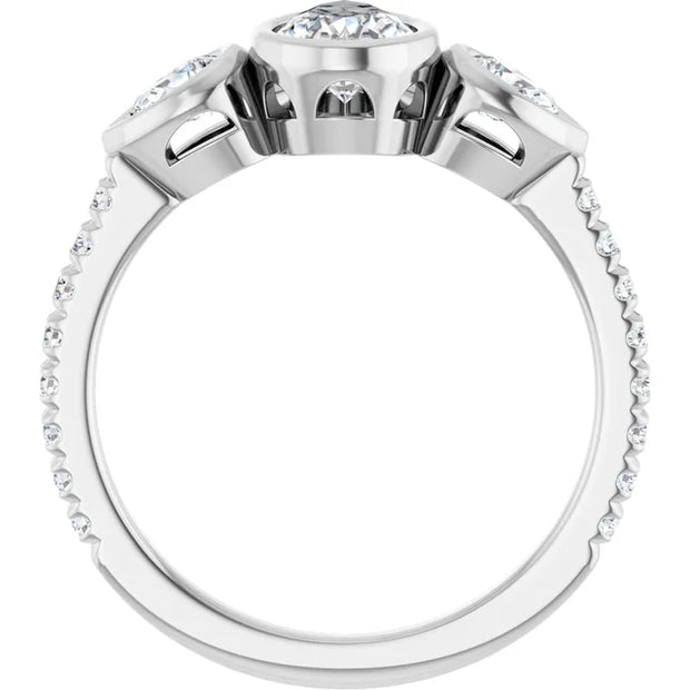 14k White Gold 2 1/8 CTW Pear-Shaped Diamond Three-Stone Ring with Pavé Band