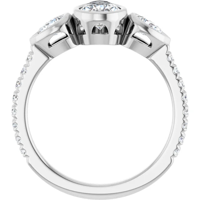 14k White Gold 2 1/8 CTW Pear-Shaped Diamond Three-Stone Ring with Pavé Band
