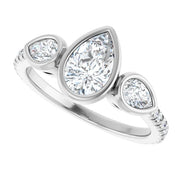 14k White Gold 2 1/8 CTW Pear-Shaped Diamond Three-Stone Ring with Pavé Band