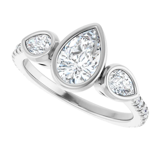 14k White Gold 2 1/8 CTW Pear-Shaped Diamond Three-Stone Ring with Pavé Band
