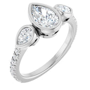 14k White Gold 2 1/8 CTW Pear-Shaped Diamond Three-Stone Ring with Pavé Band