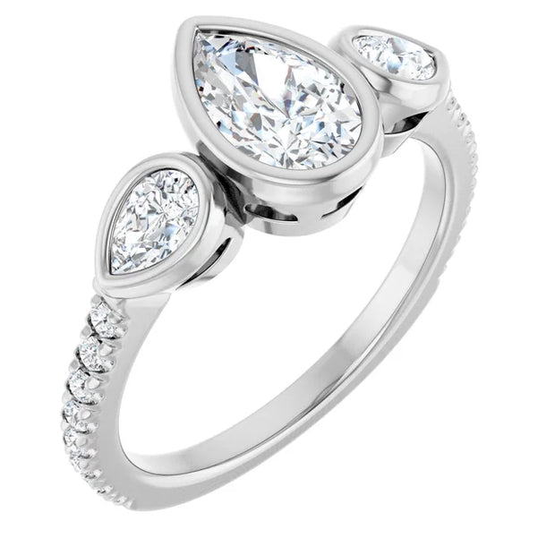 14k White Gold 2 1/8 CTW Pear-Shaped Diamond Three-Stone Ring with Pavé Band