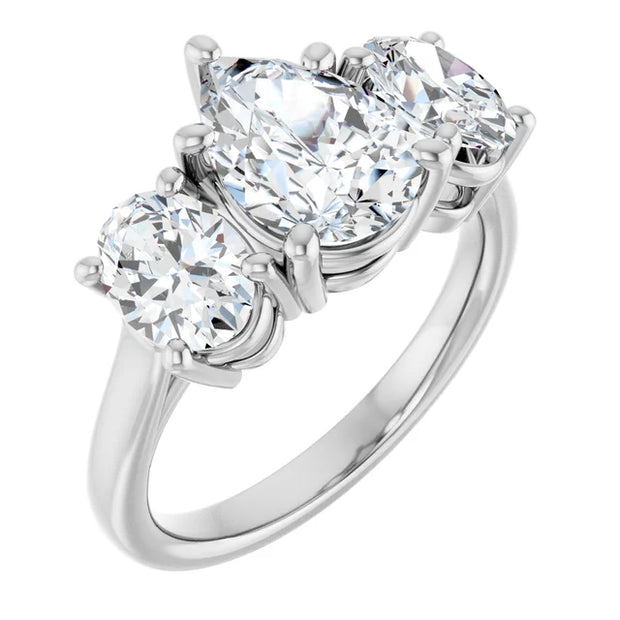 14k White Gold 3/4 CTW Pear and Oval Diamond Three-Stone Ring