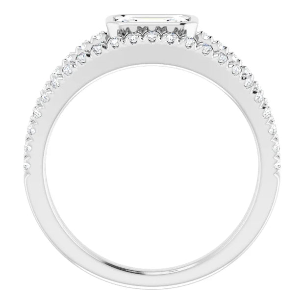 14k White Gold 5/8 CT Emerald-Cut Diamond Bezel Ring with Double Pavé Bands