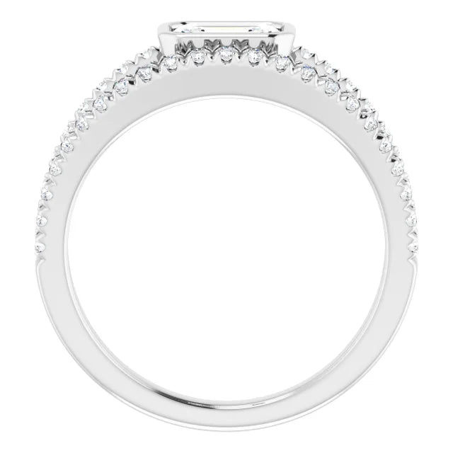 14k White Gold 5/8 CT Emerald-Cut Diamond Bezel Ring with Double Pavé Bands