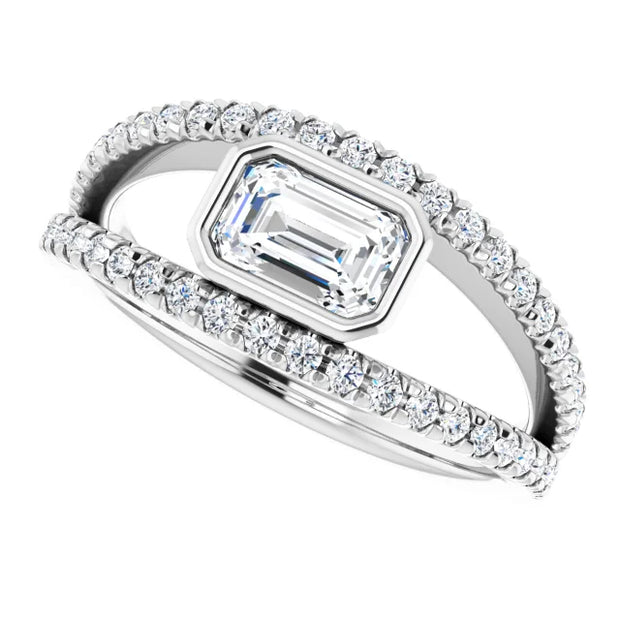 14k White Gold 5/8 CT Emerald-Cut Diamond Bezel Ring with Double Pavé Bands