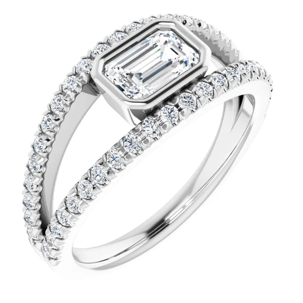 14k White Gold 5/8 CT Emerald-Cut Diamond Bezel Ring with Double Pavé Bands