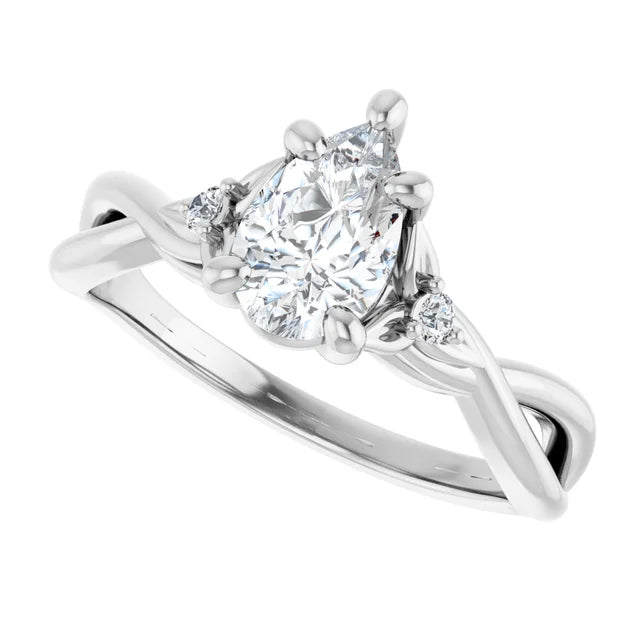 14k White Gold 9/10 CT Pear-Shaped Diamond Ring with Twisted Shank and Accent Diamonds