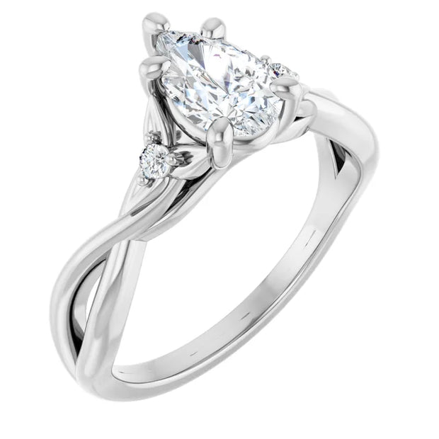 14k White Gold 9/10 CT Pear-Shaped Diamond Ring with Twisted Shank and Accent Diamonds