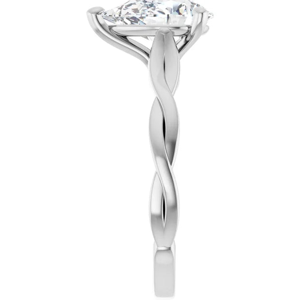 14k White Gold 9/10 CT Pear-Shaped Diamond Solitaire Ring with Twisted Band