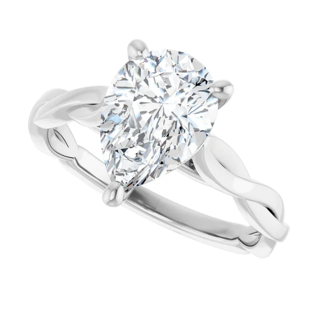 14k White Gold 9/10 CT Pear-Shaped Diamond Solitaire Ring with Twisted Band