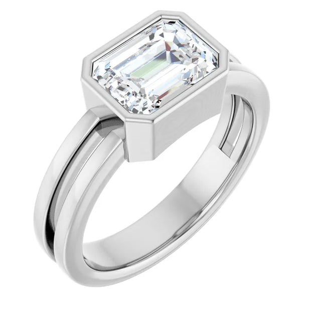 14k White Gold Bezel-Set 1 1/4 CT Emerald-Cut Diamond Ring with Split Shank