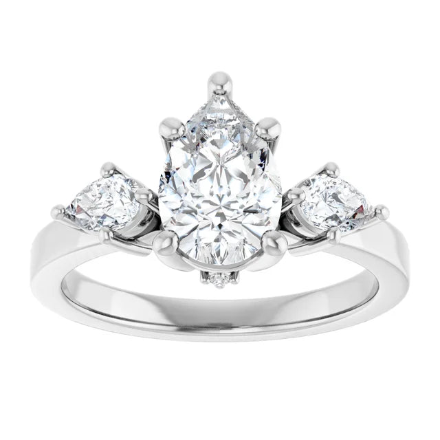 14k White Gold 2 CTW Pear-Shaped Diamond Three-Stone Ring with Bezel Accents